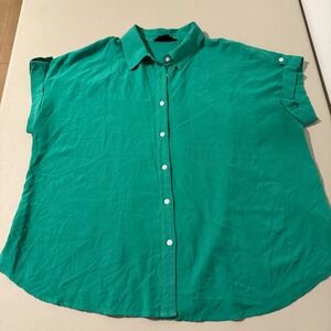 JANE DELANCY Emerald Green Roll Tab Sleeve Button Up Shirt Top Womens L